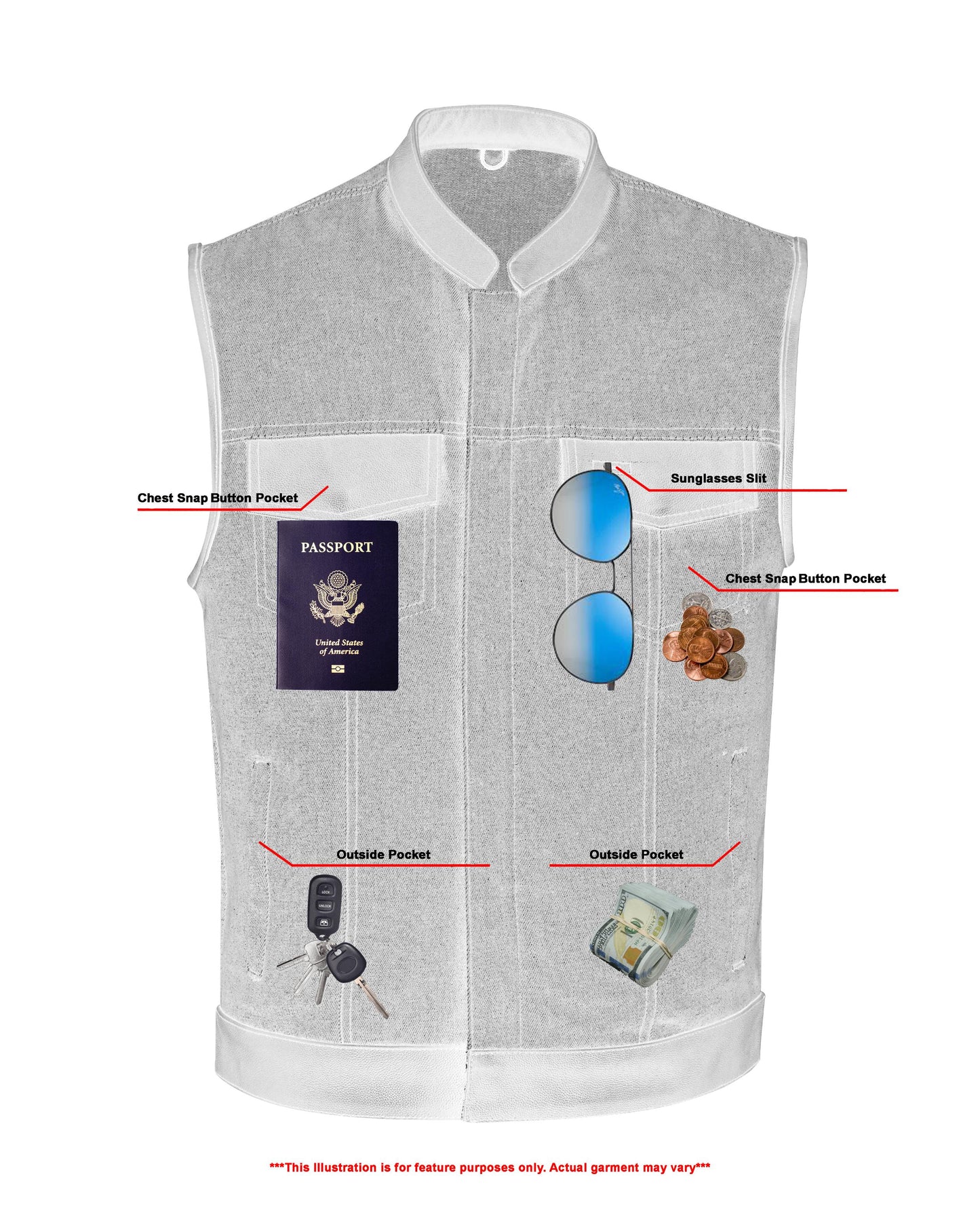 Men's Upgraded Broken Blue Denim Motorcycle Vest w/Leather Trimming