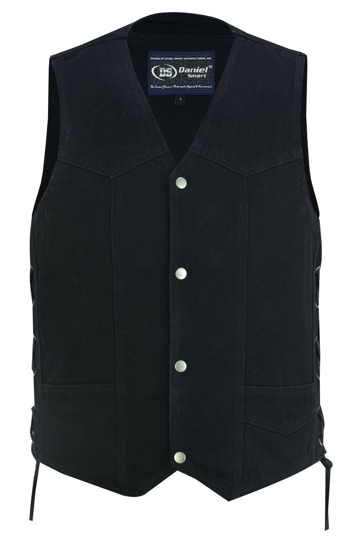 Men's Traditional Denim Motorcycle Vest with Side Laces – Smart Access Pockets