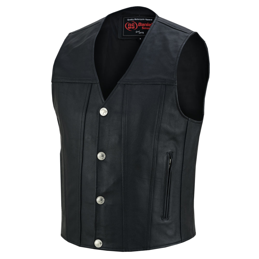 Buffalo Nickel Black Leather Vest for Men - Customizable Back & Satin Liner