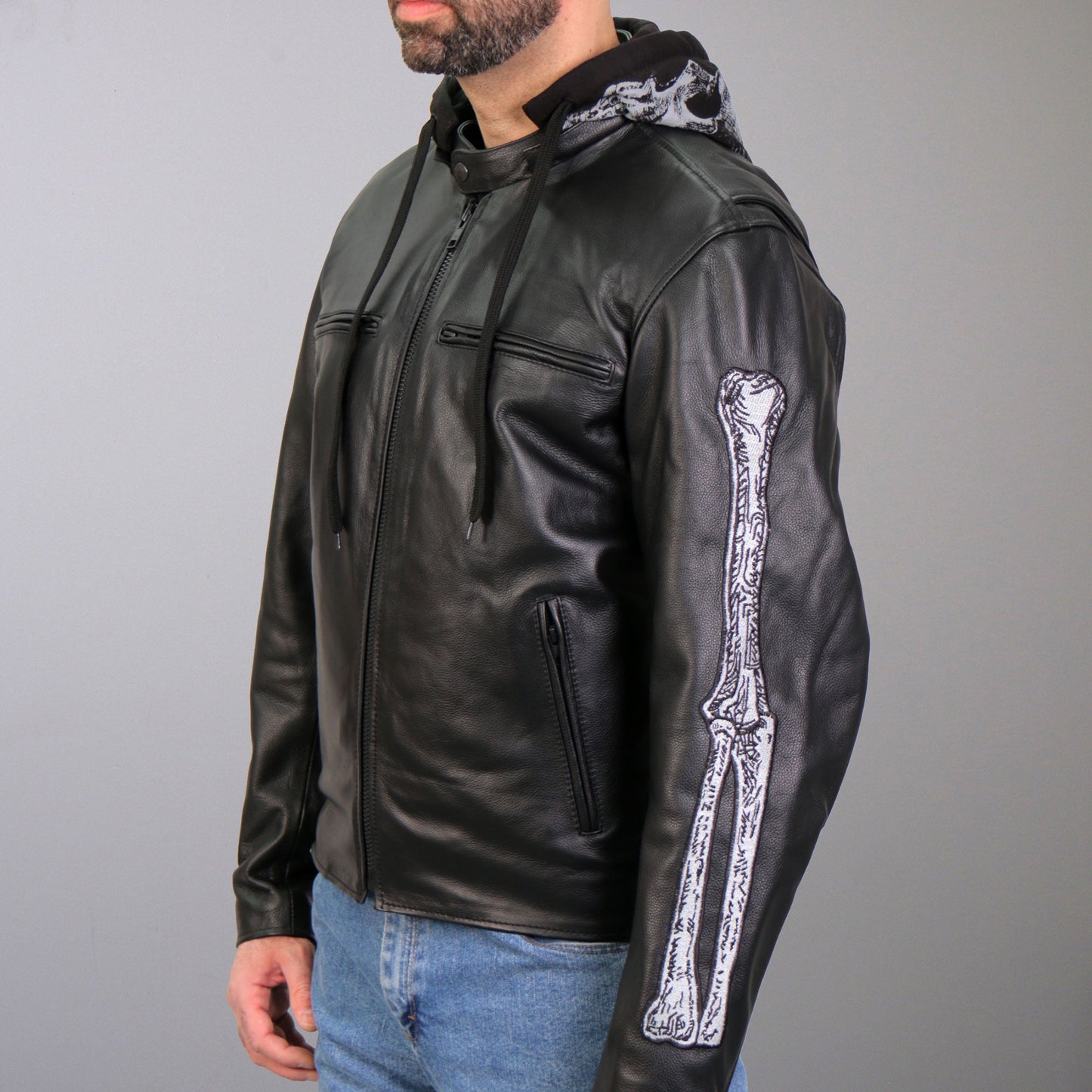 Hot Leathers JKM1031 Men’s Biker ‘Skull and Bones’ Leather Motorcycle Jacket with Flannel Lining