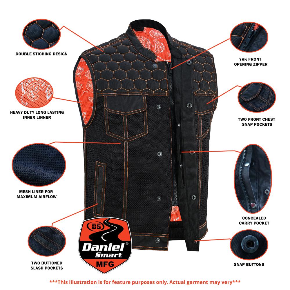 Night Tiger Men's Black Mesh Textile Vest with Orange Diamond Stitch
