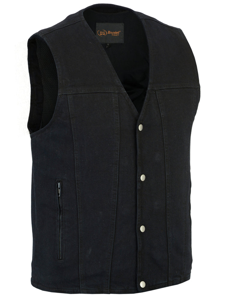 Men's Black Plain sides Denim Motorcycle Vest – Heavy Snaps