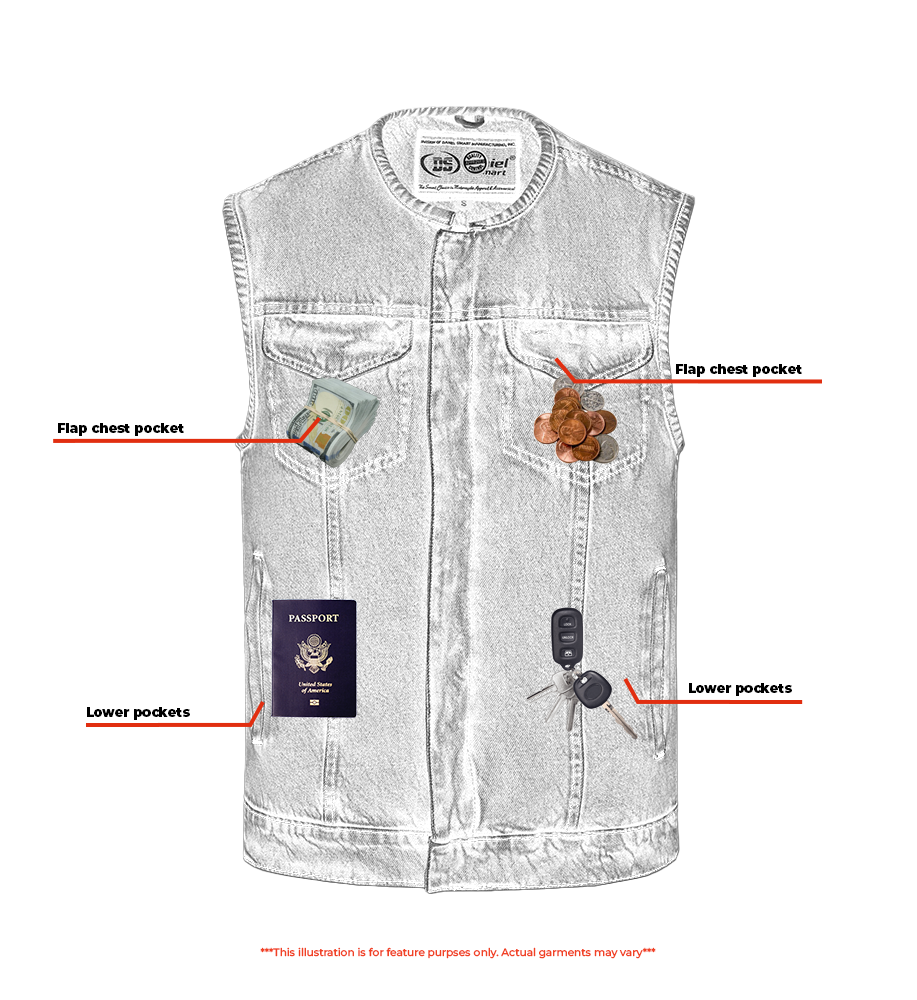 Mens Blue Denim Motorcycle Vest with Concealed Snaps & Zipper