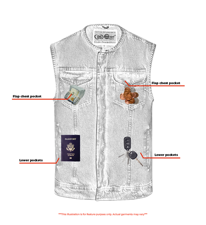 Mens Blue Denim Motorcycle Vest with Concealed Snaps & Zipper