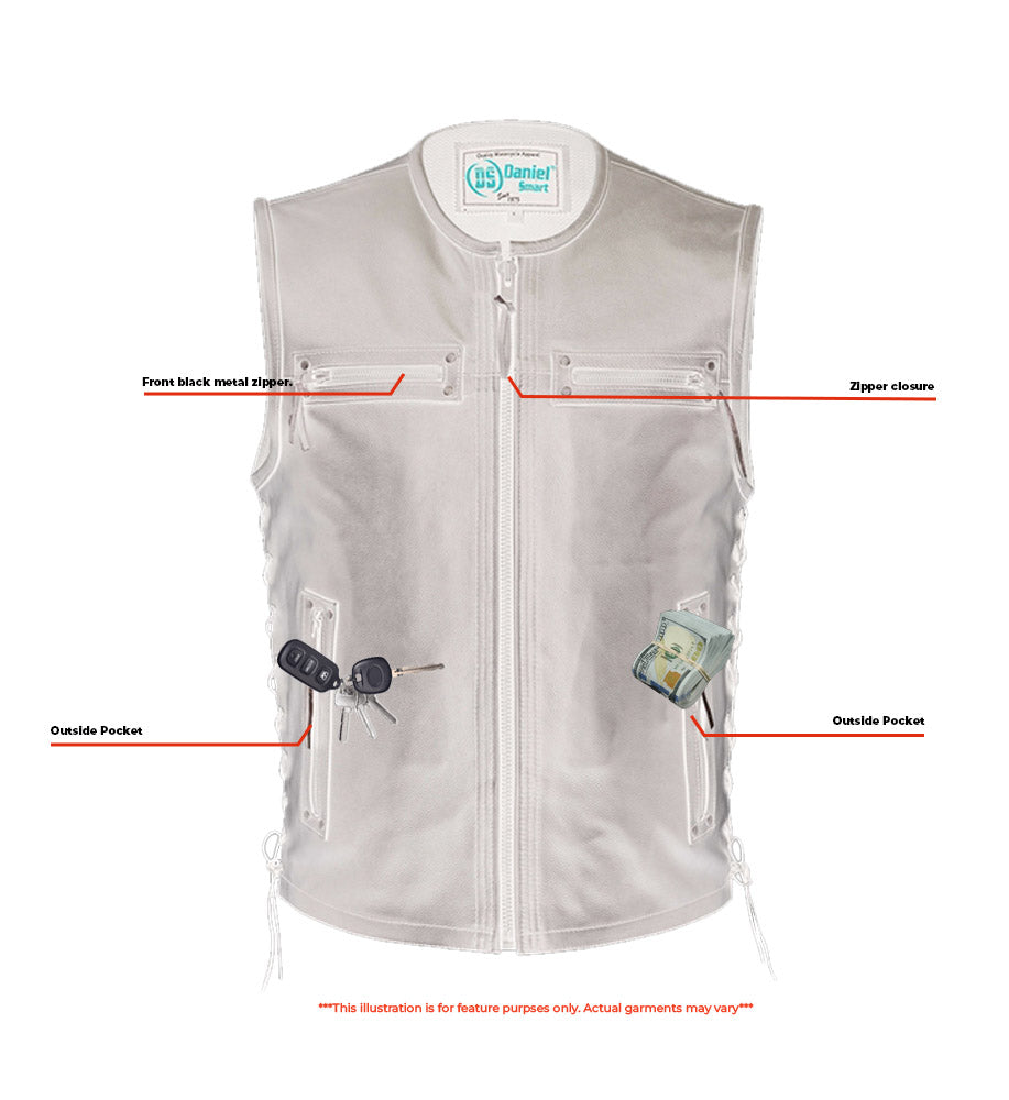 Men's Zipper Front Black Leather Motorcycle Vest
