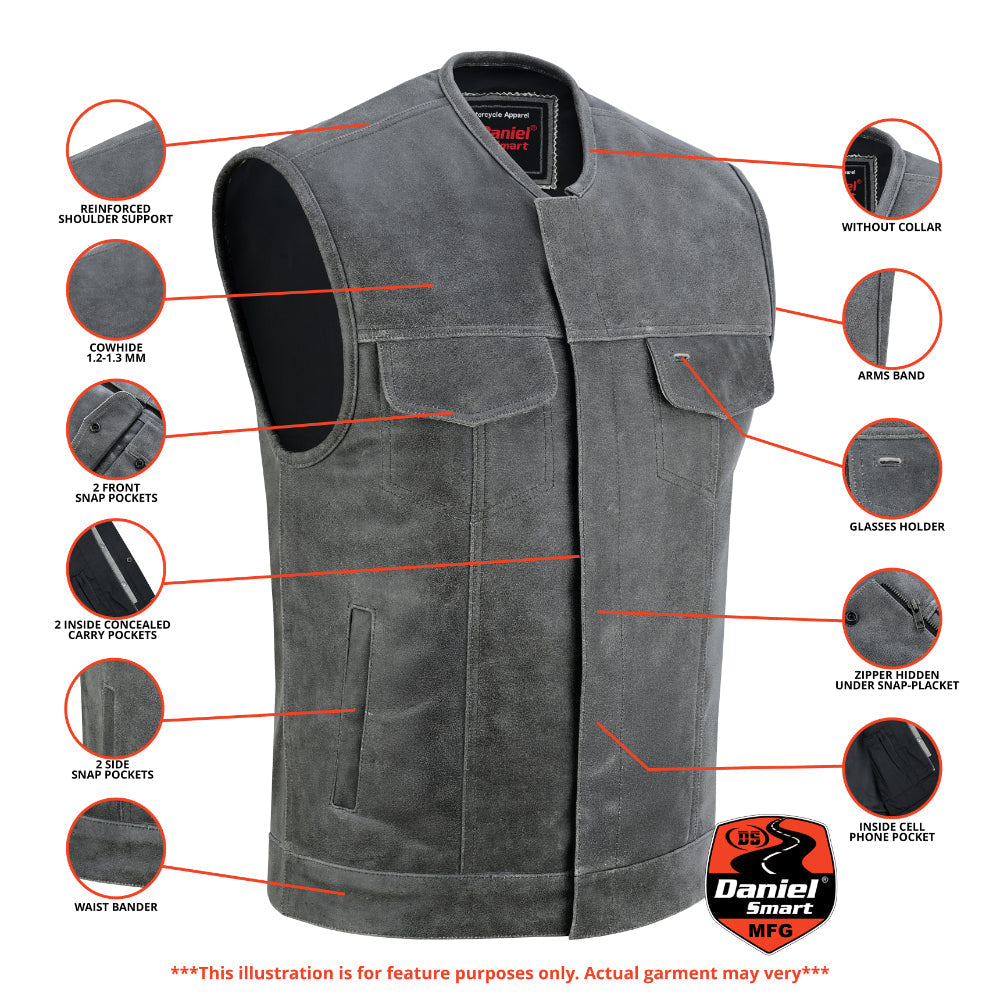 Men's Distressed Gray Cowhide Leather  Motorcycle Vest