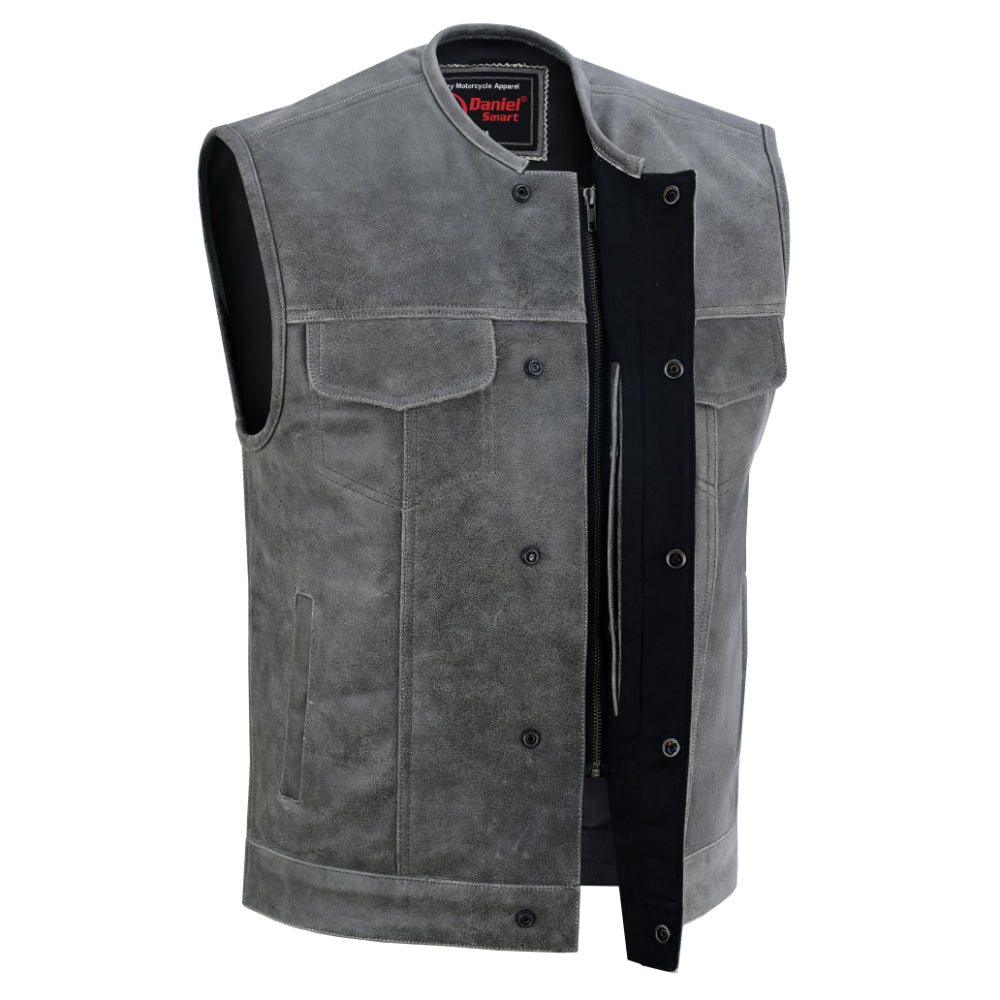 Men's Distressed Gray Cowhide Leather  Motorcycle Vest