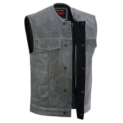 Men's Distressed Gray Cowhide Leather  Motorcycle Vest