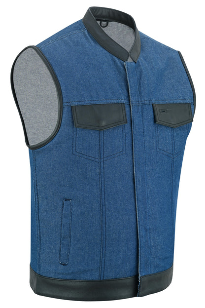 Men's Upgraded Broken Blue Denim Motorcycle Vest w/Leather Trimming