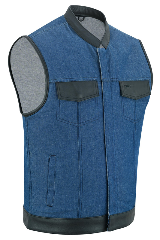 Men's Upgraded Broken Blue Denim Motorcycle Vest w/Leather Trimming