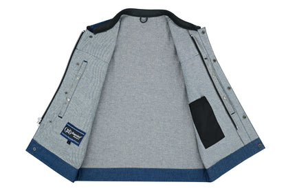 Men's Upgraded Broken Blue Denim Motorcycle Vest w/Leather Trimming