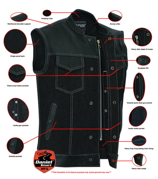 Men's Leather-Denim Combo Motorcycle Vest w/ Scoop Collar