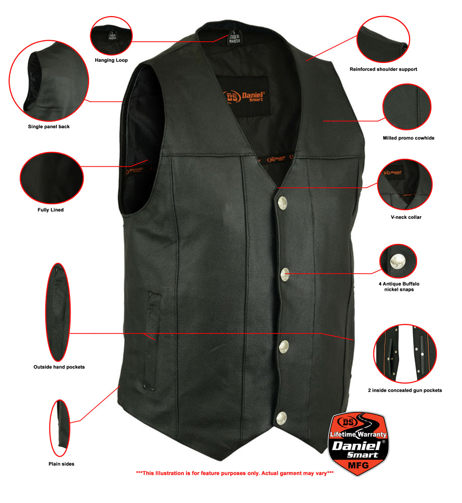 Men's Milled Single Back Panel Leather  Vest - Black