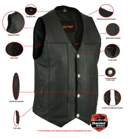 Men's Milled Single Back Panel Leather  Vest - Black
