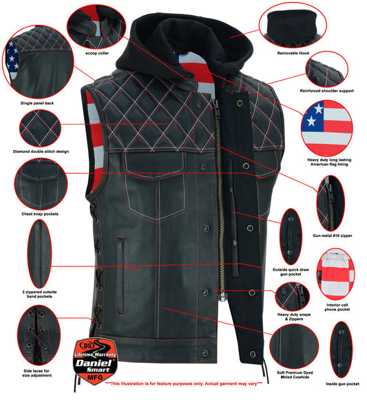 Men's Road Edge Leather Black Vest – Removable Hood