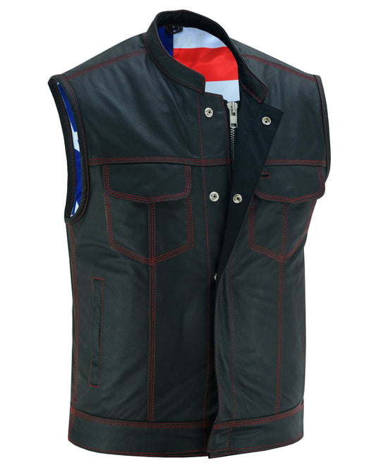 Mens's Leather Motorcycle Vest with Scoop Collar & USA Flag