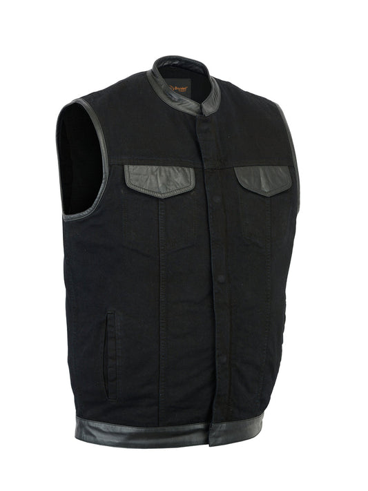 Men's Black Denim Single Panel Concealment Vest W/ Leather Trim