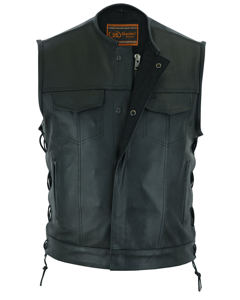 Men's Combat Black motorcycle Leather Vest - Gun Pockets & Side Laces