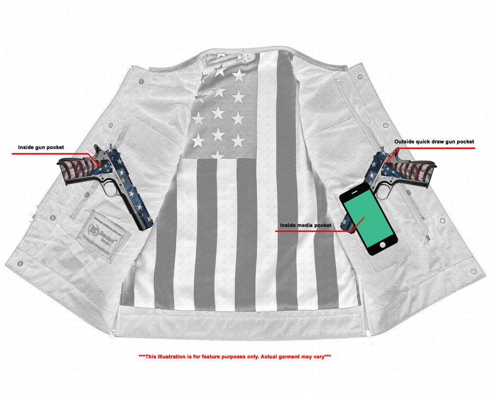 Men's Banded Collar leather Vest with USA Flag Lining & Red Stitching