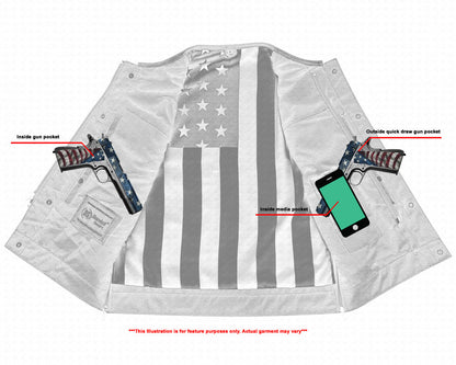 Men's Banded Collar leather Vest with USA Flag Lining & Red Stitching