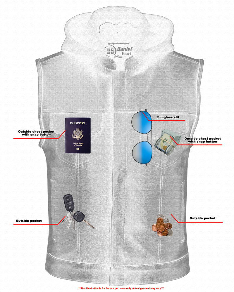 Men's Black Leather Motorcycle Vest with Removable Hood