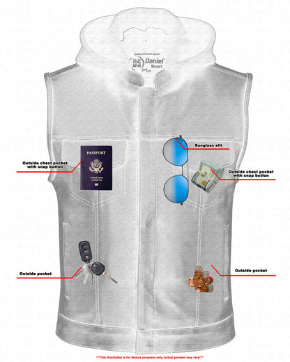 Men's Black Leather Motorcycle Vest with Removable Hood